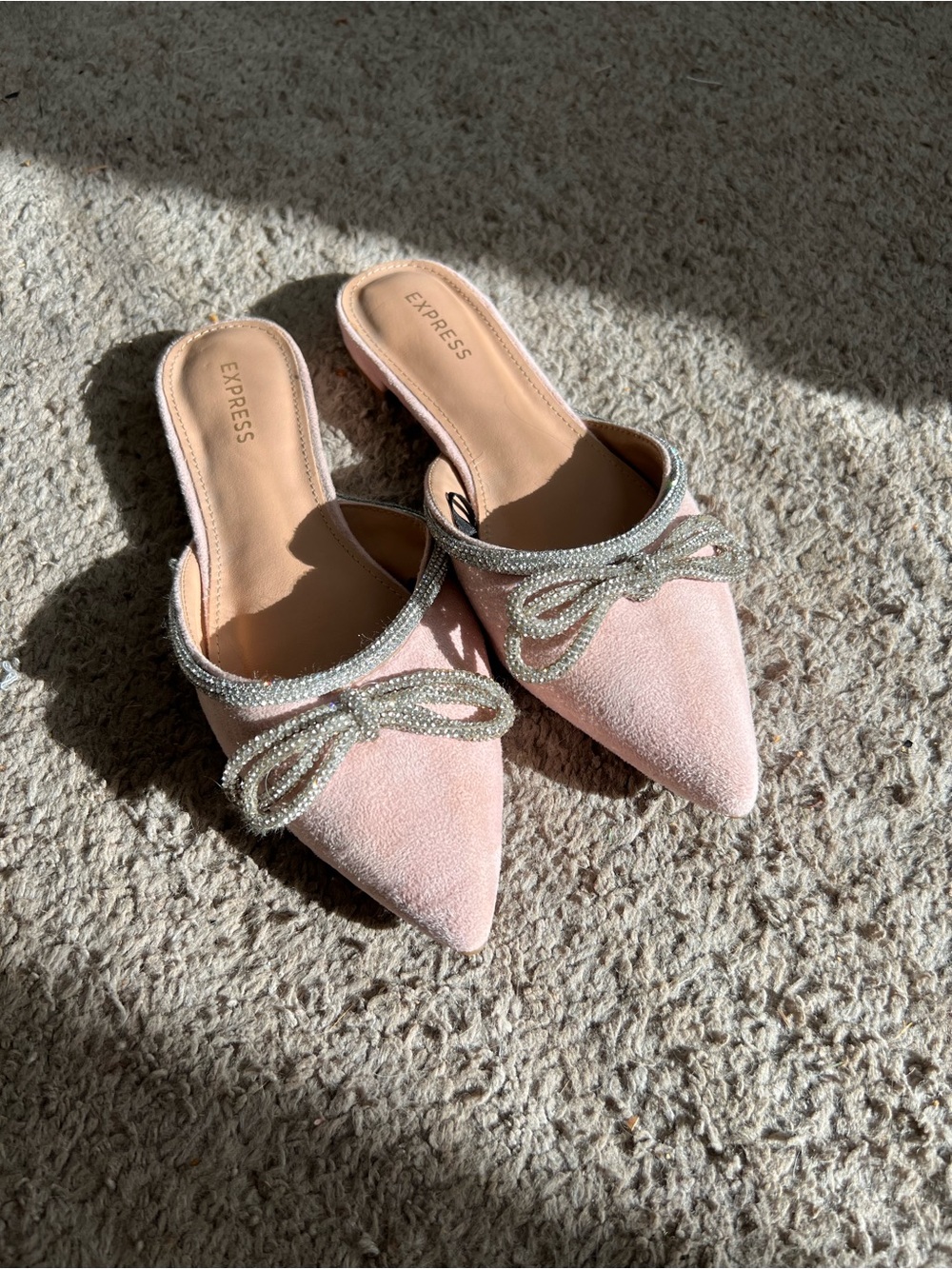 Express Pink Pointed-Toe Slip-On Mules with Crystal Bow